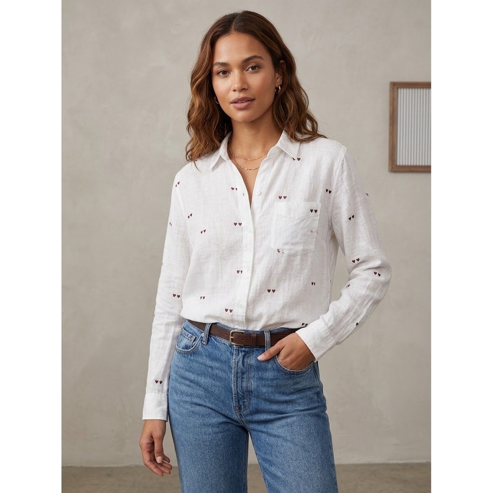 Rails Charli Heart Sunnies White Linen Blend Button Down Shirt Small